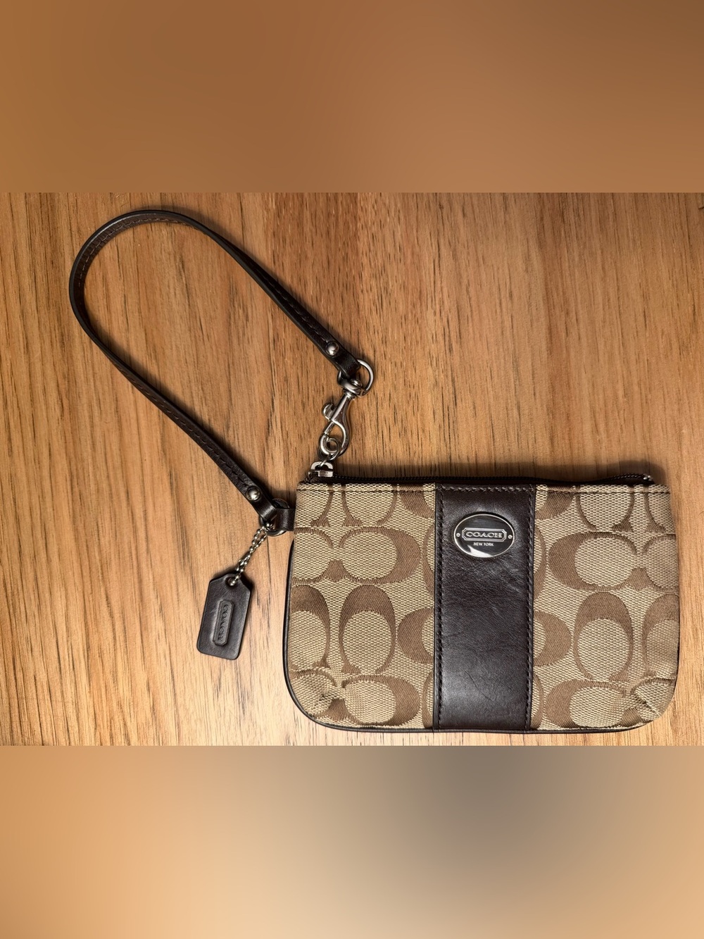 Coach Brown Signature Canvas Wristlet with Dark Brown Leather Trim
